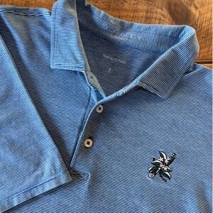 B. Draddy Mens Blue White Striped Short Sleeve Golf Polo Club Logo Size Large
